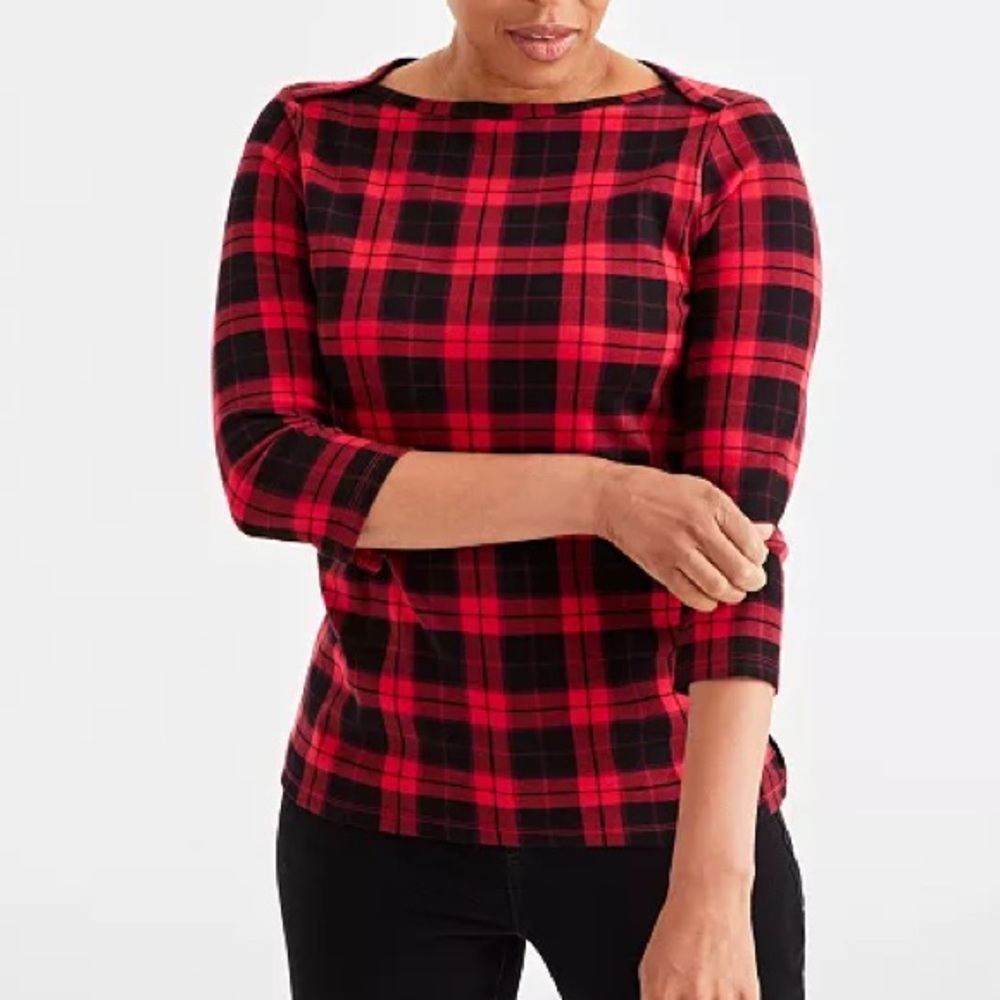 NWT Newbury Plaid 3/4-Sleeve Pima Top - Red & Black